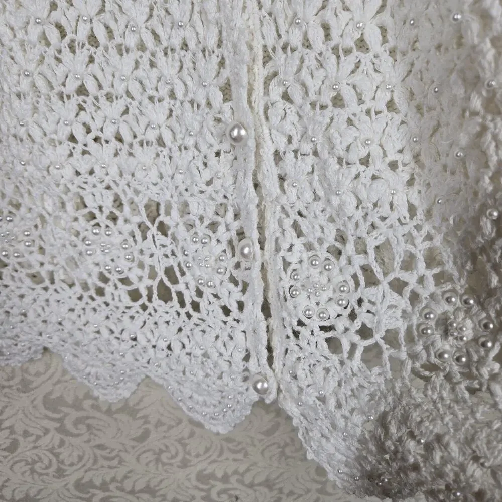 VTG Venezia Crochet Cardigan Sweater 14/16 Ivory Pearls Grandmacore Cottagecore